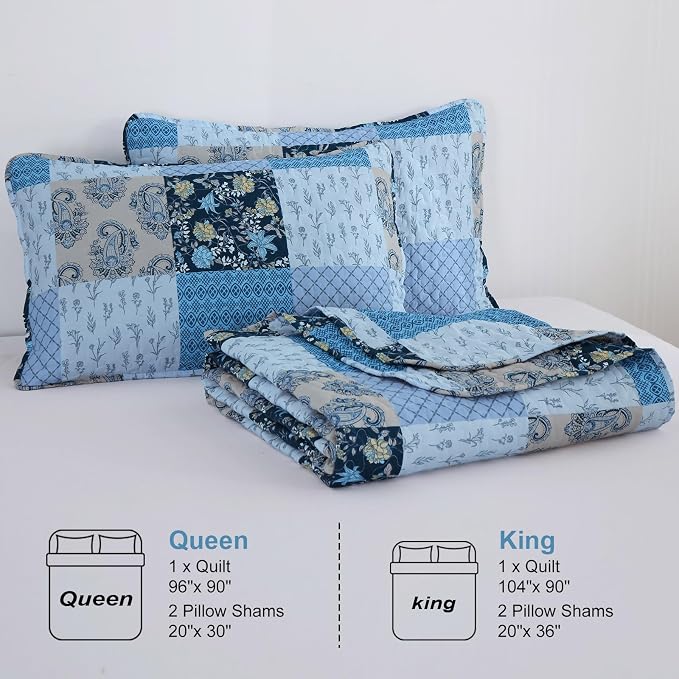 Xruibed Blue Quilt Set Queen Size 3 Pieces Plaid Floral Boho Bedspread Coverlet - Image 8