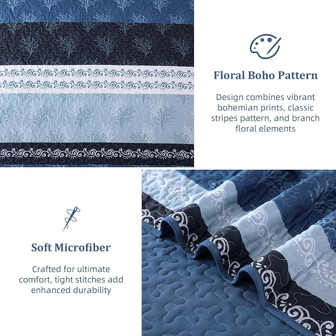 DJY Stripe Quilt Set King Size Blue Bedspread Coverlet Set 3 Pieces Boho Branch - Image 6