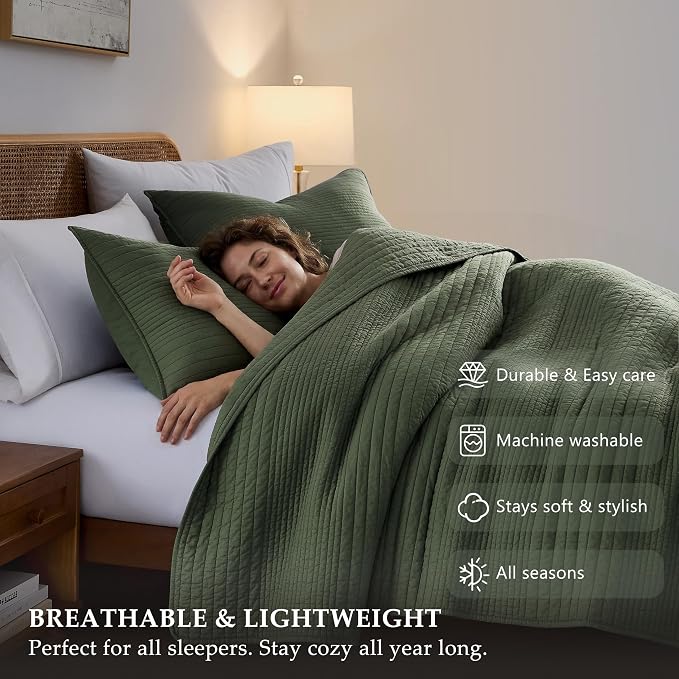 palassio Striped Olive Green 100% Cotton Quilt King Size Bedding Sets, - Image 5