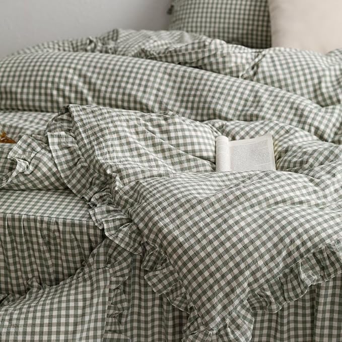 mixinni Green Gingham Ruffle Duvet Cover Queen Size 3 Pieces – 100% Washed - Image 7