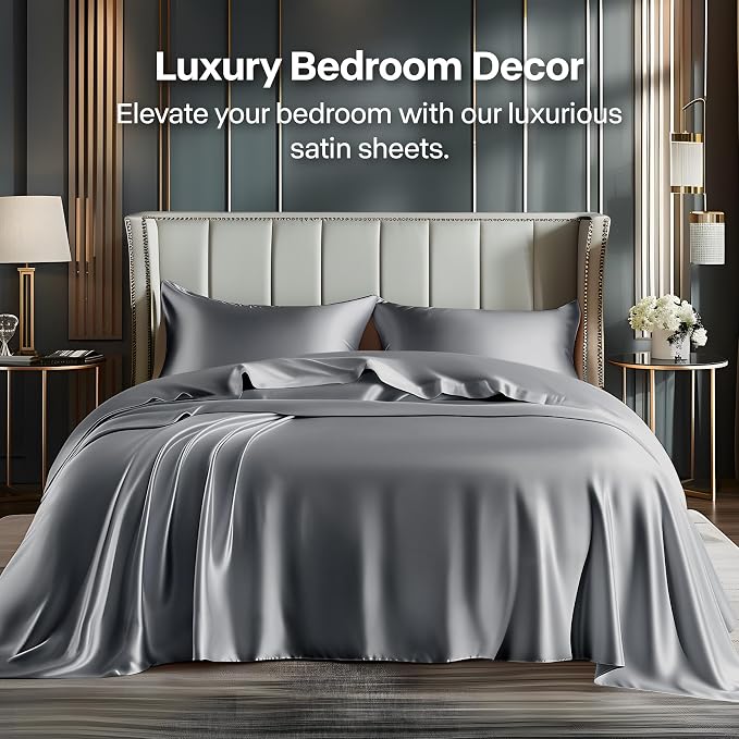 BEDELITE King Size Sheets Set, Luxury Soft Dark Grey Satin Sheets - Image 2