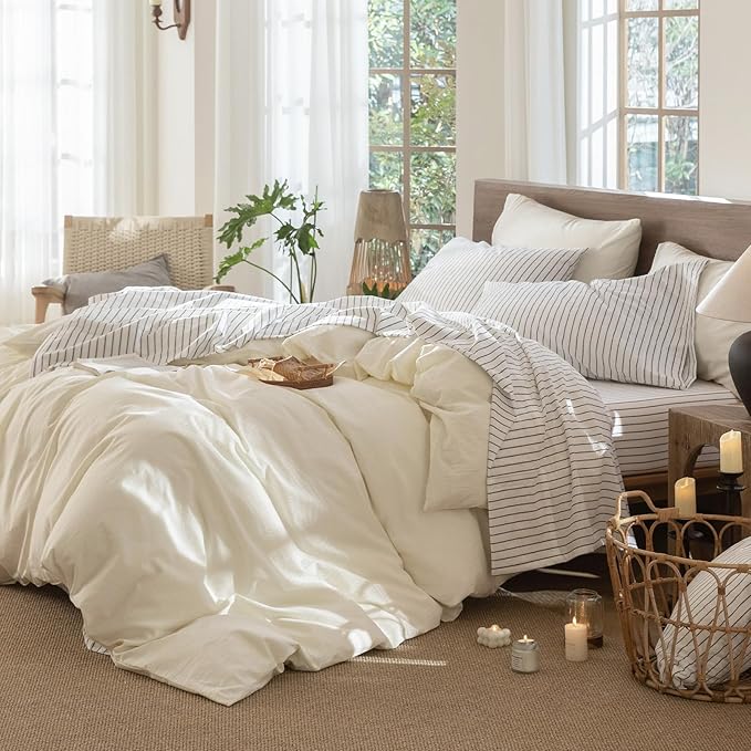 MooMee Fitted Bottom Sheet Only 100% Washed Cotton Linen Like Textured - Image 7
