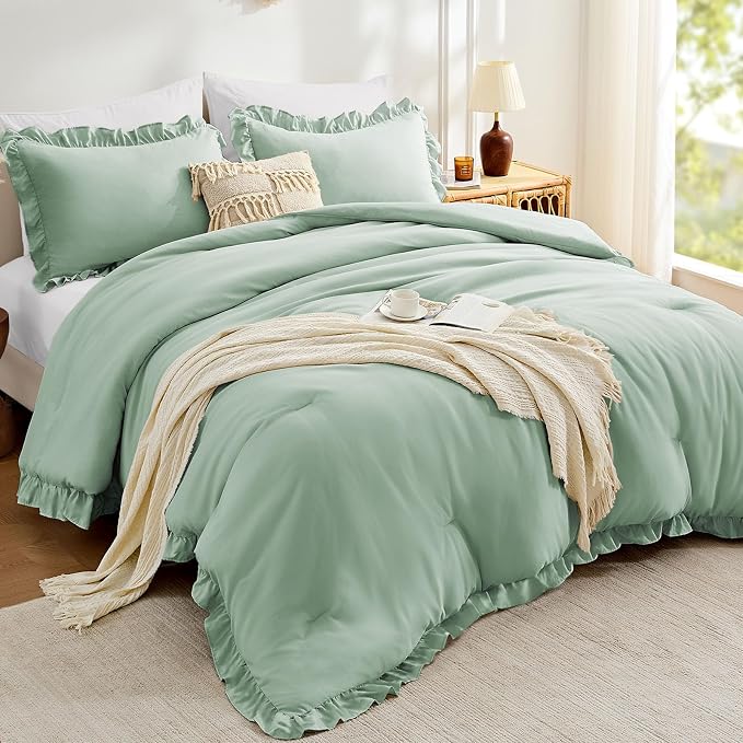 FUANNA Full Size Comforter Sets Sage Green, 3 Pieces Ruffle Full Size Bedding by FUANNA