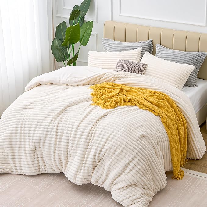 BEDELITE Fleece California King Comforter Set -Super Soft & Warm Fluffy Cream - Image 7