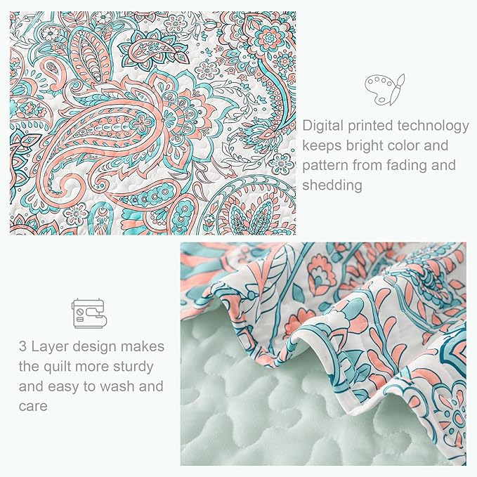 Exclusivo Mezcla Reversible Boho Quilts Queen Size, Aqua Bedspreads Lightweight - Image 5