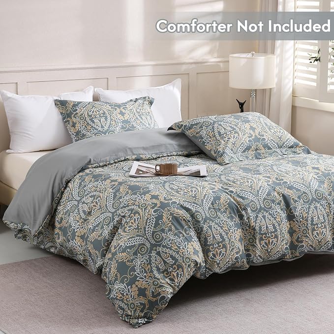 LONAVA King Paisley 3 Pcs Duvet Cover Set, Breathable Soft Microfiber Grey - Image 2