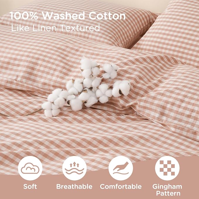 TOCOMOA Pink Tan Gingham Duvet Cover Bedding Set 100% Washed Cotton Like Linen - Image 5