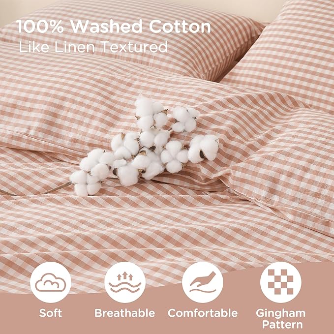 TOCOMOA Pink Tan Gingham Duvet Cover Bedding Set 100% Washed Cotton Like Linen - Image 5