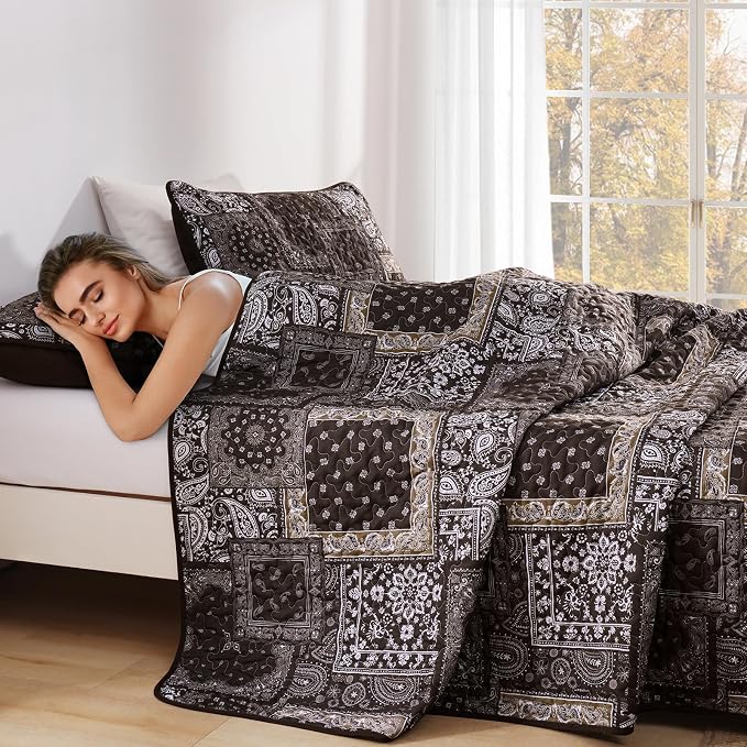 Cottolester Brown Patchwork Quilt Set Queen Size, 3 Pieces Boho Paisley Quilt - Image 6