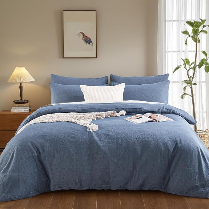 NEXHOME PRO Duvet Cover Full 100% Washed Cotton, Heathered Blue Breathable - Image 2