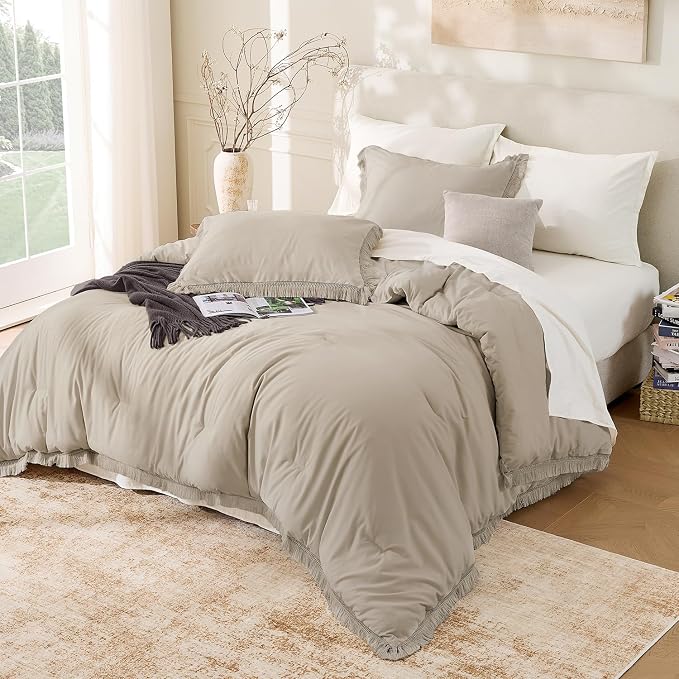 Andency Oatmeal Comforter Set King Size, 3 Pieces Boho Tassel Lightweight - Image 6