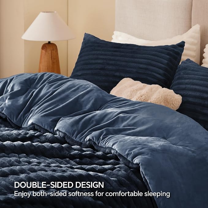 BEDELITE Fleece Oversized Queen Comforter Set -Super Soft & Warm Fluffy Navy - Image 5