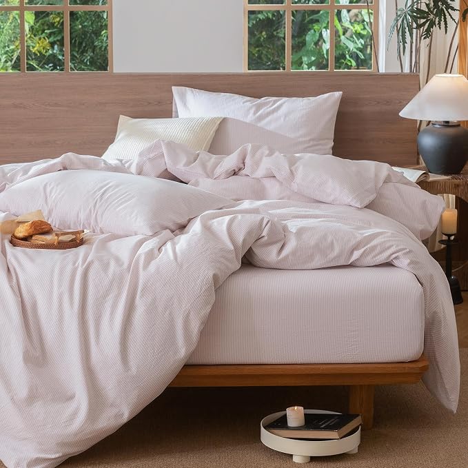 MooMee Striped Duvet Cover Set 100% Washed Cotton Linen Like Textured - Image 6