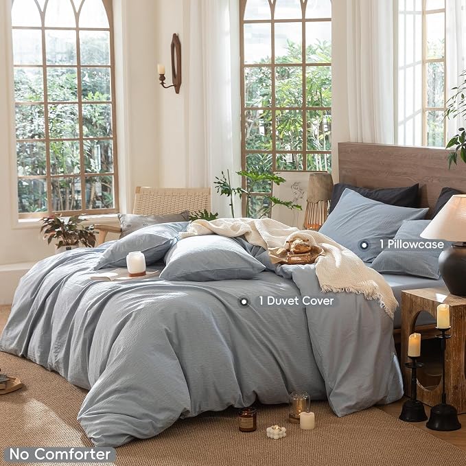 MooMee Wavy Striped Duvet Cover Set 100% Washed Cotton Linen Like Textured - Image 2