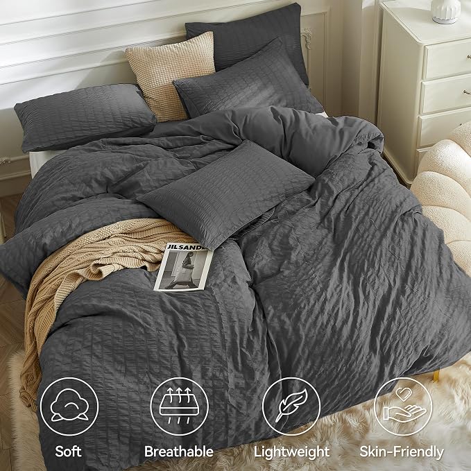 JELLYMONI Charcoal Grey Duvet Cover King Size, Soft Breathable Seersucker Duvet - Image 2