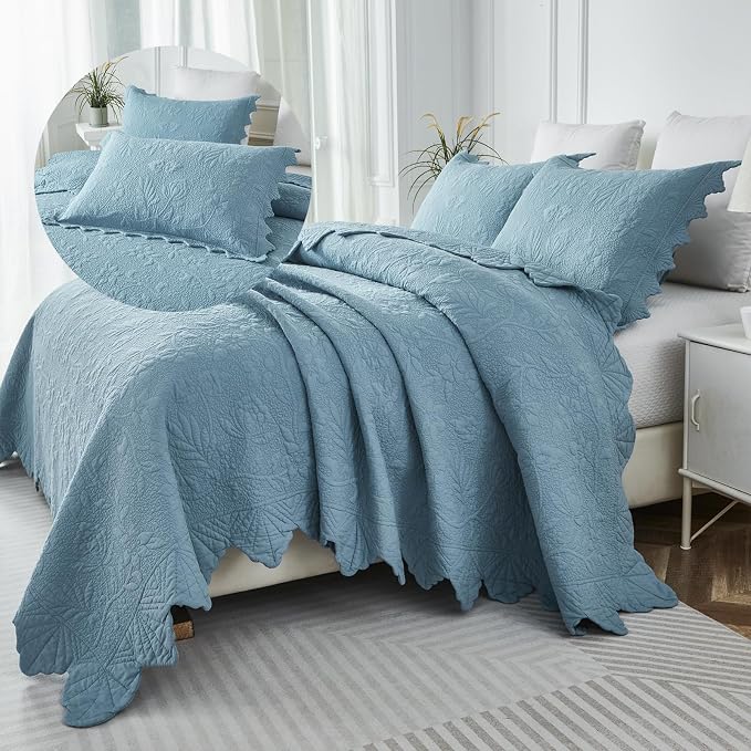 Brandream Luxury 100% Cotton Quilt Set Queen Size Blue Floral Vine Matelasse - Image 4