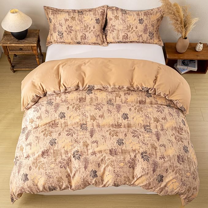 OAITE Brown Leaves Queen Size Duvet Cover-3 Pieces Prewashed Cotton-Like - Image 6