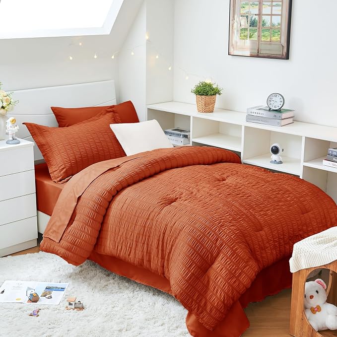 HYMOKEGE Burnt Orange Twin XL Comforter Set Seersucker 5 Pieces, All Season by HYMOKEGE