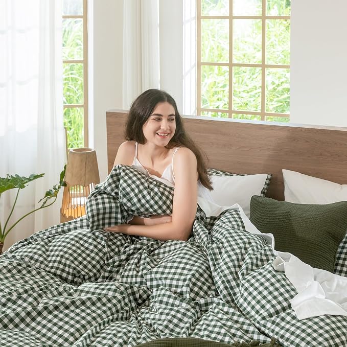 MooMee Gingham Duvet Cover Set 100% Washed Cotton Linen Like Textured - Image 3
