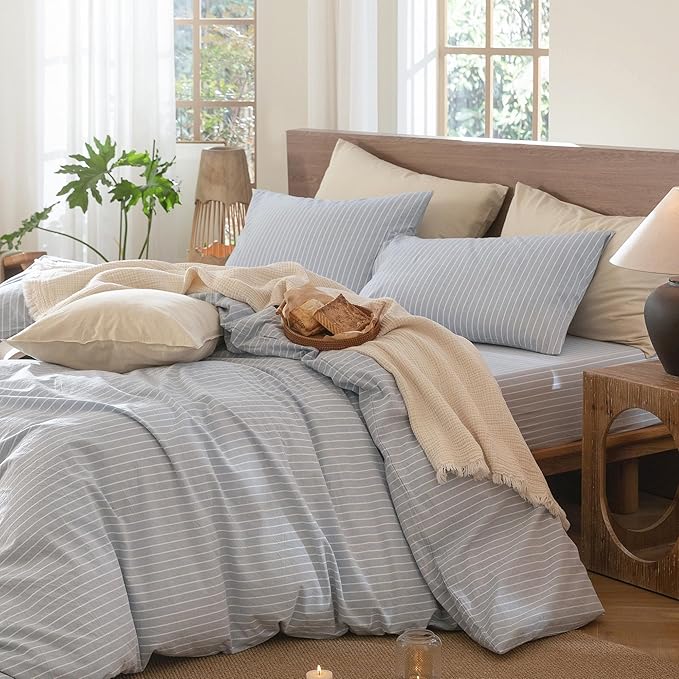 MooMee Striped Duvet Cover Set 100% Washed Cotton Linen Like Textured - Image 3