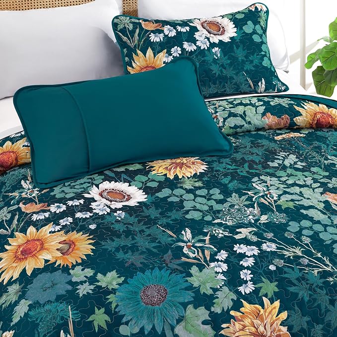 Yiran Peacock Green Quilts Queen Size, Floral Bedspreads Bedding Set, 3 Pieces - Image 3