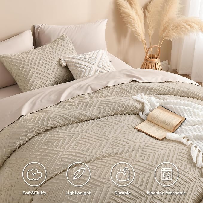 Andency Khaki Oversized King Comforter 128''x120'', 3 Pieces Khaki Soft Boho - Image 4
