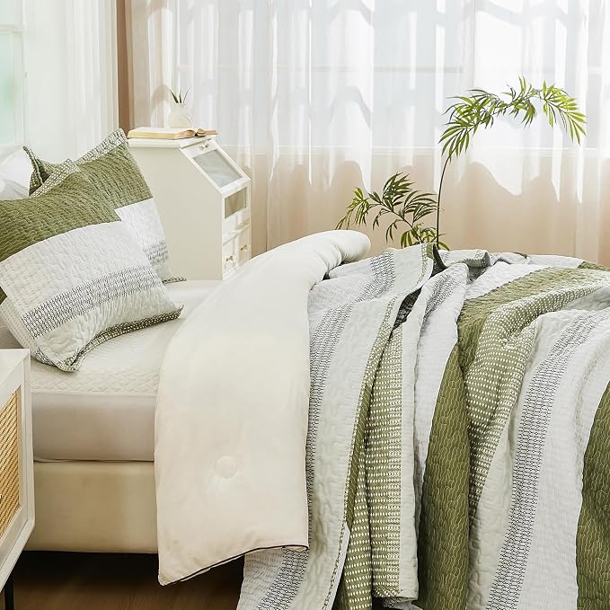 Andency Queen Quilt Bedding Set Olive, 3 Pieces Patchwork Olive Green Striped - Image 2