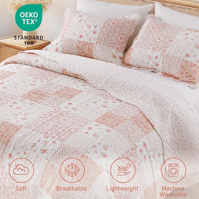 GOONE Queen Quilt Set, Reversible, Washed Coverlet, 2 Pillow Shams, Spring & - Image 3