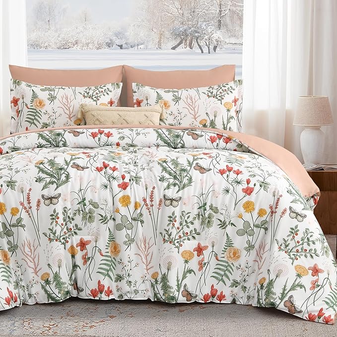 Yiran 7 Piece Floral Comforter Set King Size, Botanical Bed in a Bag by Yiran