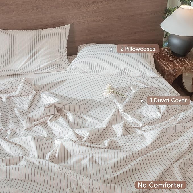 MooMee Striped Duvet Cover Set 100% Washed Cotton Linen Like Textured - Image 2