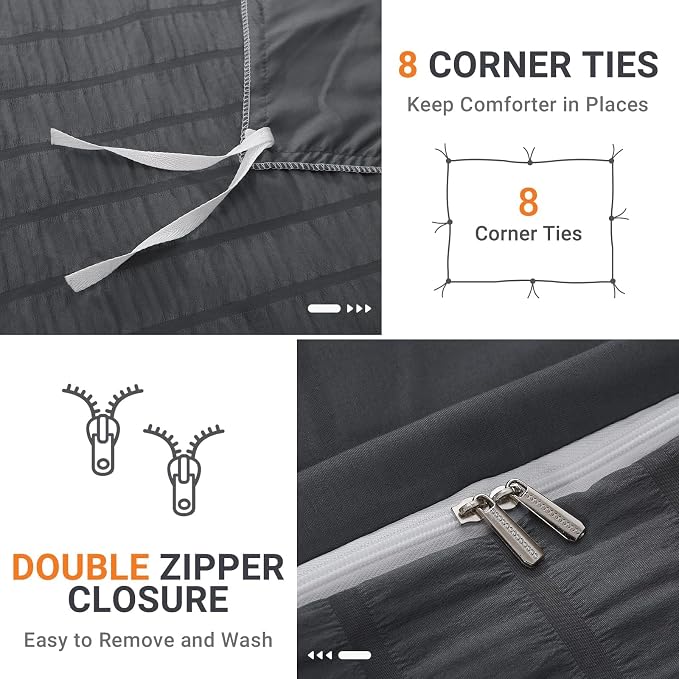 HYMOKEGE Dark Grey Twin Size Duvet Cover, Ultra Soft 2-Piece Seersucker Duvet - Image 5