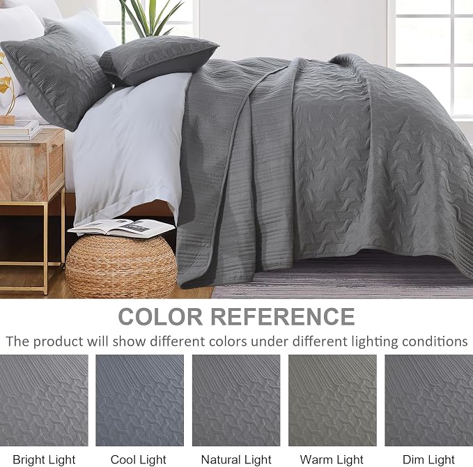 Yiran Grey Quilt Set Queen Size Lightweight Bedspread Ultrasonic Wave Pattern - Image 4