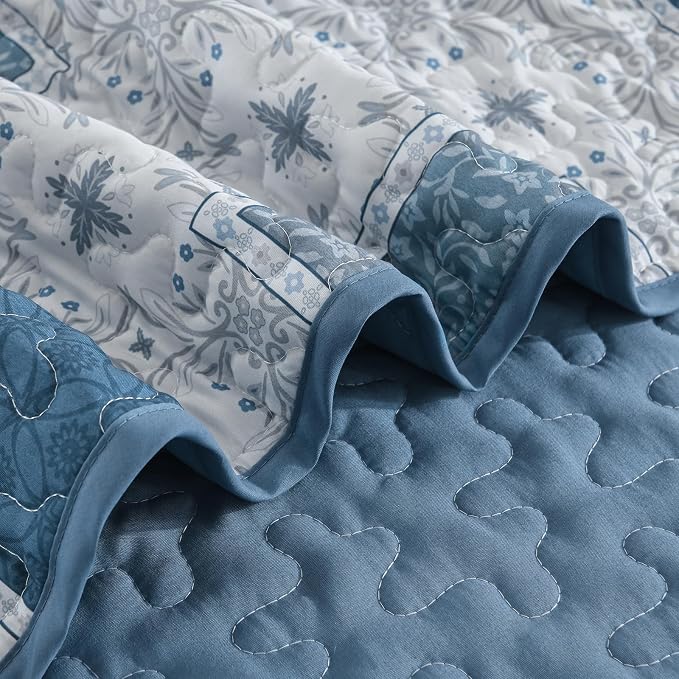 Xruibed Blue Boho Quilt Set Queen Size, 3 Pieces Plaid Floral Bedspread - Image 7