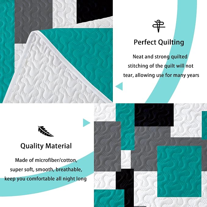 Tyrot 2 Piece Teal/Turquoise Grey Quilt Set Twin Size Black White Geometric - Image 4