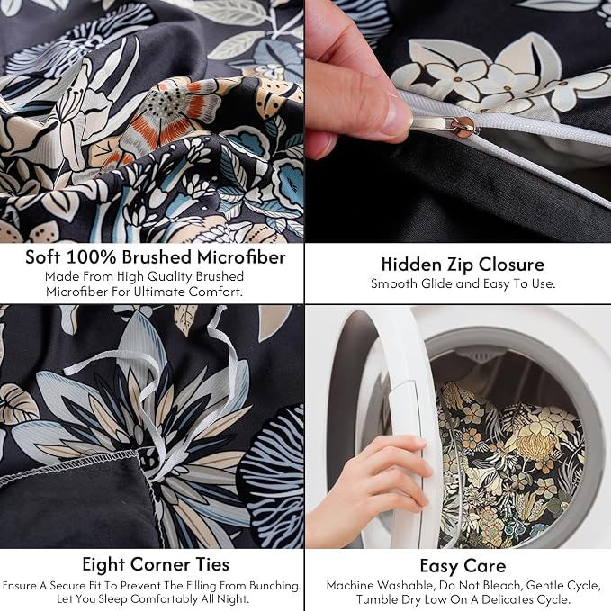 LONAVA Queen Flower 3 Pcs Duvet Cover Set, Breathable Soft Microfiber Black - Image 7