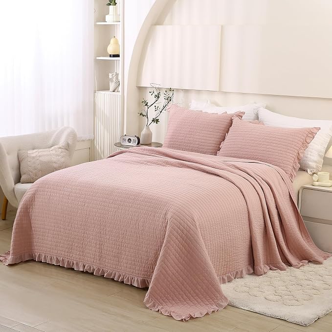 ROOMLIFE Quilt Set Full Size 3D Floral Embroidery Pattern 3-Piece Cotton - Image 4