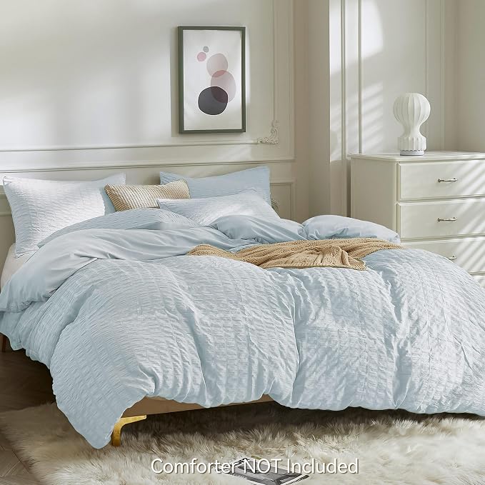 JELLYMONI Baby Blue Duvet Cover Twin Size, Soft Breathable Seersucker Duvet - Image 3
