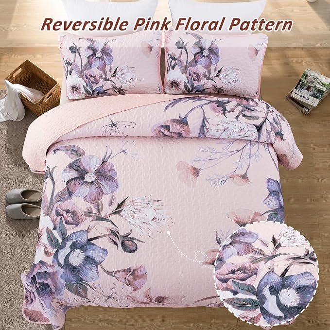 Floral Quilt Set Queen 3 Pieces Pink Floral Quilt Coverlet Set Soft Microfiber - Image 3