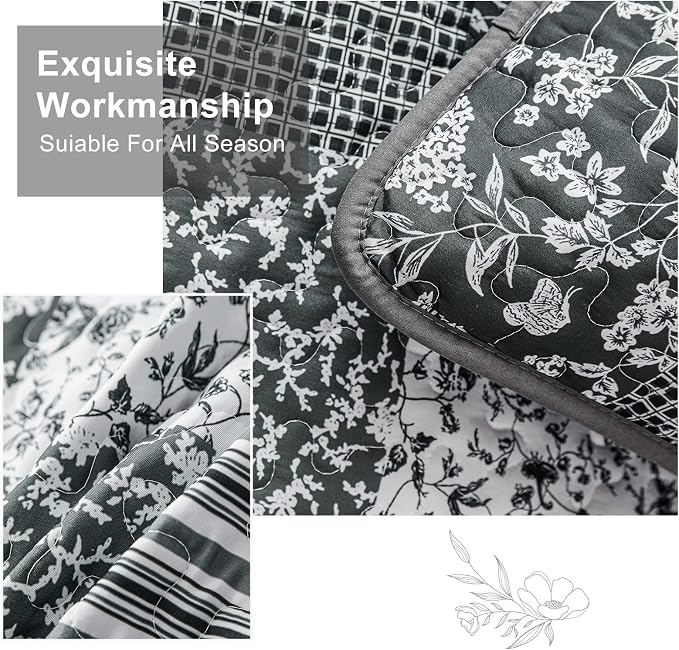 Mybedsoul Black Grey Boho Quilt Set King Size, 3 Pieces Plaid Floral Bedspread - Image 3