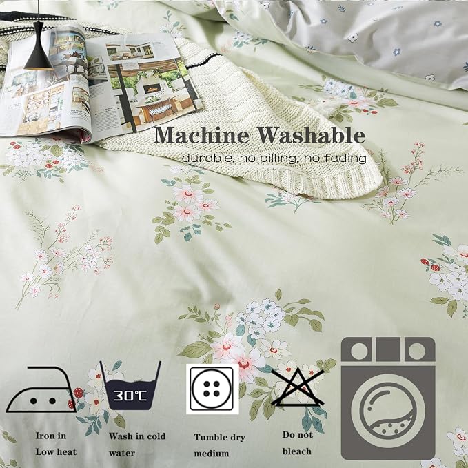 FADFAY Floral Duvet Cover Set Queen 100% Cotton Sage Green Comforter Set - Image 7