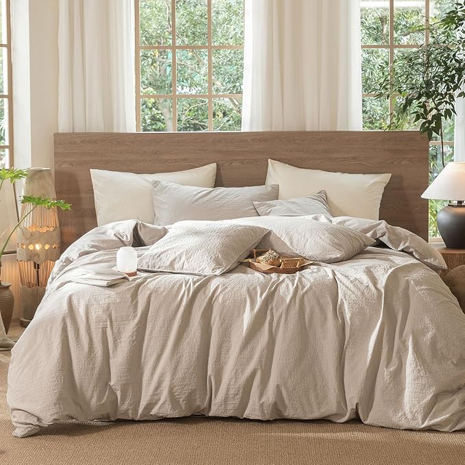 MooMee Wavy Striped Duvet Cover Set 100% Washed Cotton Linen Like Textured by MOOMEE