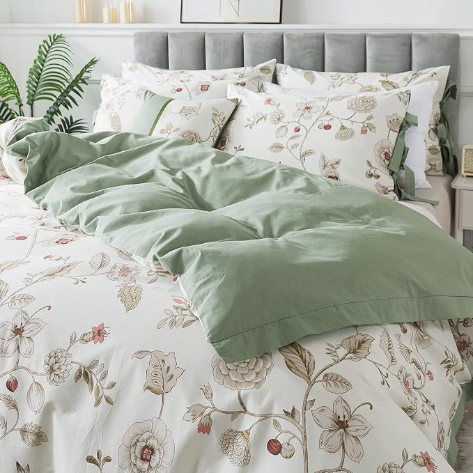 FADFAY Floral Bedding Set Twin 100% Cotton Shabby and Chic Beige Green - Image 8