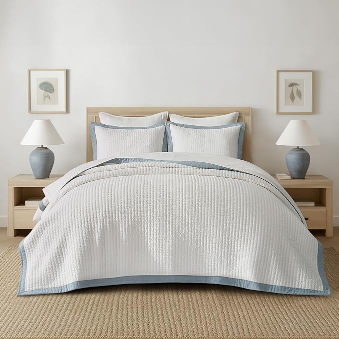 EVERGRACE Cotton Border Frame Tack-Stitch Quilt Bedding Set King Size, Coastal by EVERGRACEHOME