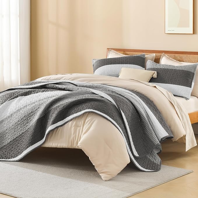 Litanika Oversized King Quilt Set Dark Grey, 128x120 Stripe Bedspread Coverlet - Image 4
