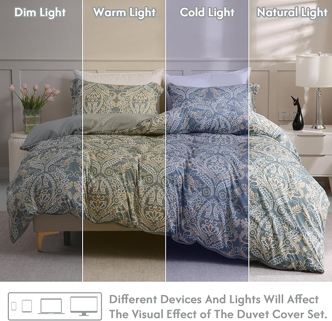 LONAVA King Paisley 3 Pcs Duvet Cover Set, Breathable Soft Microfiber Grey - Image 5