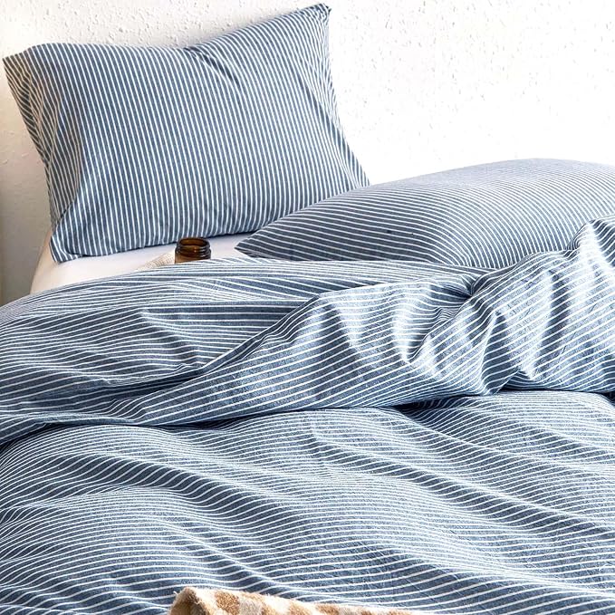 Wake In Cloud - Striped Cotton Duvet Cover Set, 100% Washed Cotton Textured by WakeInCloud