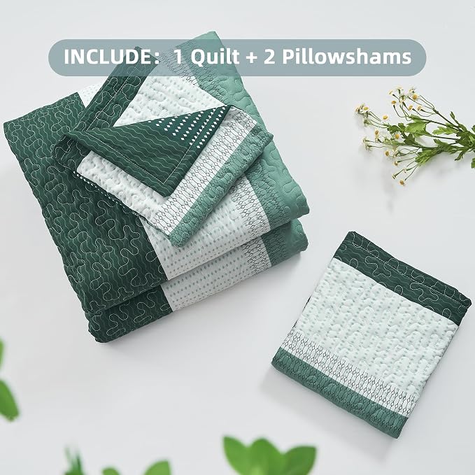 Andency Emerald Green Quilt Cal King, 3 Pieces Patchwork Striped Bedspread - Image 7