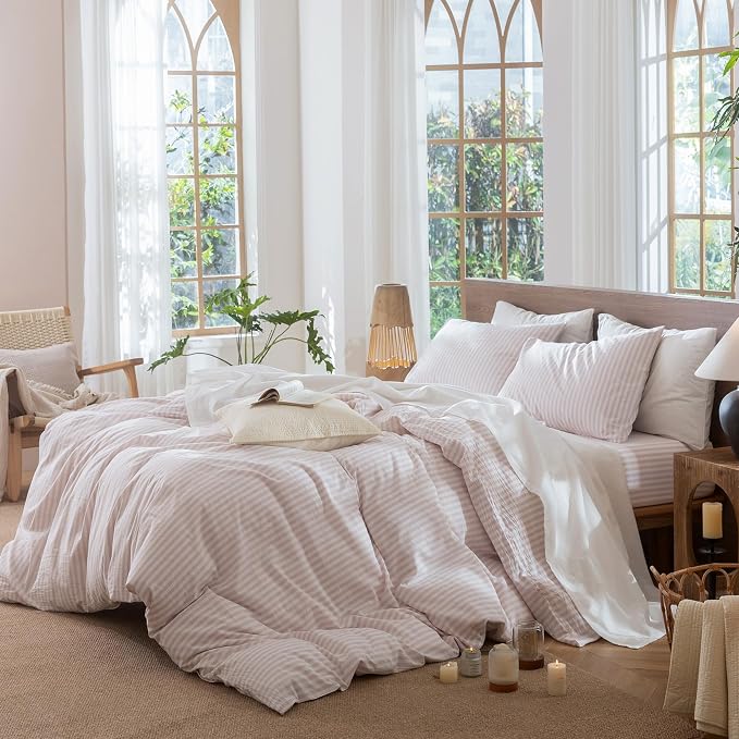 MooMee Striped Duvet Cover Set 100% Washed Cotton Linen Like Textured - Image 3