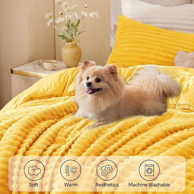 BEDELITE Fleece King Comforter Set -Super Soft & Warm Fluffy Bright Yellow - Image 3