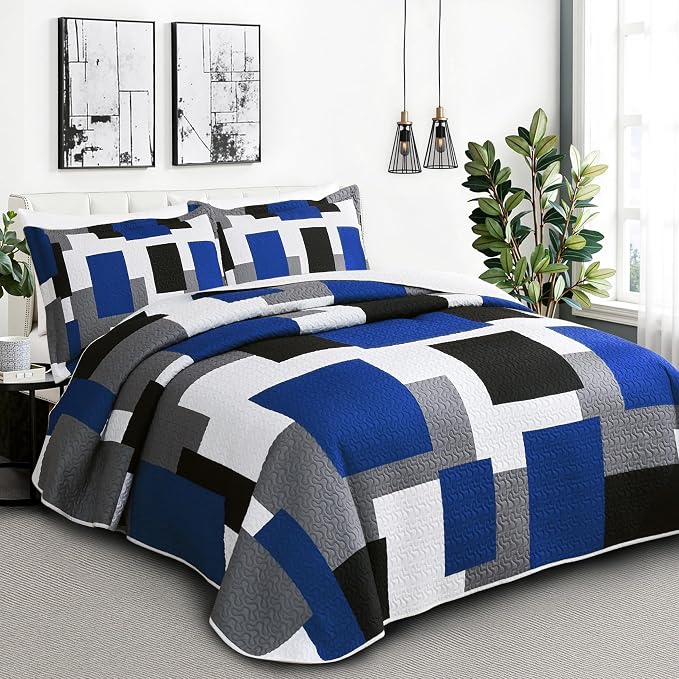 Tyrot 3 Piece Blue White Grey Quilt Set California King Size Black White - Image 2